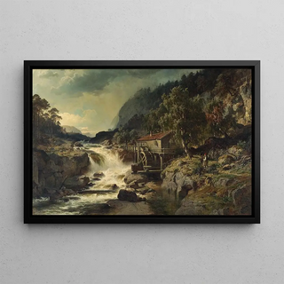 Edvard Bergh - Rocky Landscape with Waterfall and Watermill Smland.webp