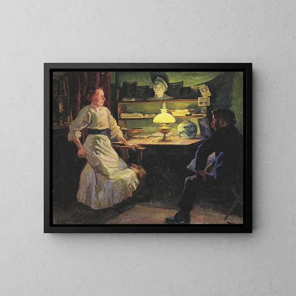 interno con luce di lampada e due figure - Edvard Weie — quadro incorniciato alla parete