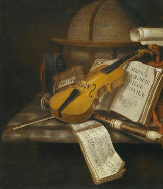 Edwaert Collier - A Vanitas Still Life With A Violin A Recorder And A Score Of Music On A Marble TableTop.webp