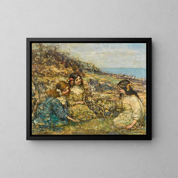 Soffiare il dente di leone - Edward Atkinson Hornel — quadro incorniciato alla parete