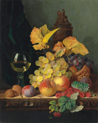 Edward Ladell - A roemer grapes peaches plums raspberries and walnuts on a wooden ledge.webp