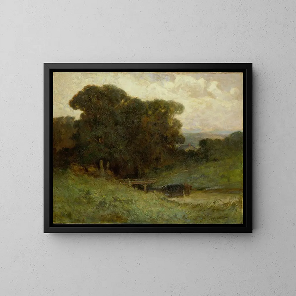 Scène di foresta senza titolo con un ponte e mucche nel ruscello in primo piano - Edward Mitchell Bannister — quadro incorniciato alla parete