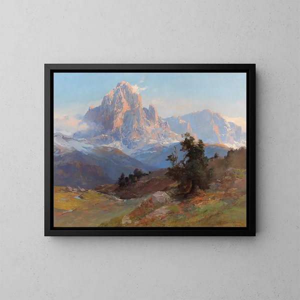 Una vista del monte Sassolungo - Edward Theodore Compton — quadro incorniciato alla parete
