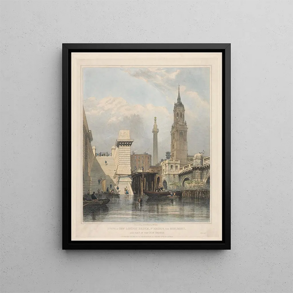 Marches del New London Bridge, St Magnus the Monument e una parte del Old Bridge - Edward William Cooke — quadro incorniciato alla parete