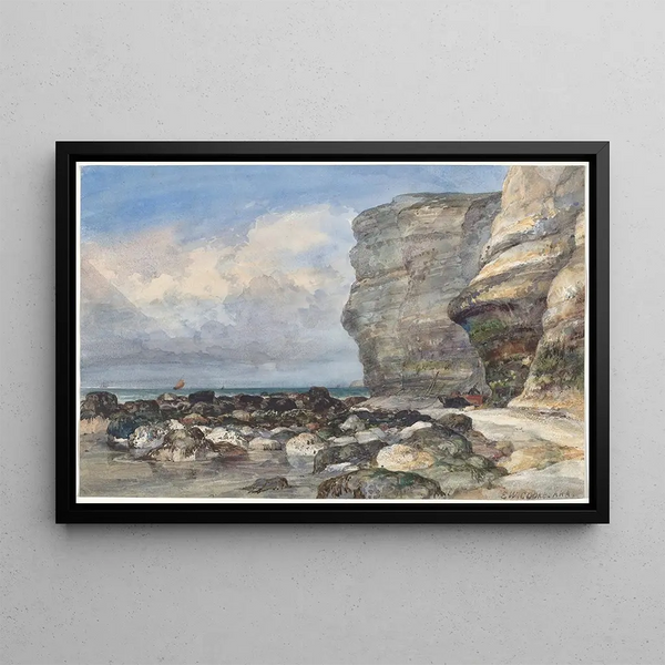 La spiaggia rocciosa e le scogliere a Fécamp - Edward William Cooke — quadro incorniciato alla parete
