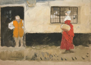Edwin Austin Abbey - Study of street scene man at door woman in red dress.webp