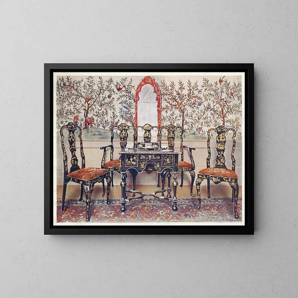 Sedie e tavolo in lacca nera con specchio in lacca rossa - Edwin Foley — quadro incorniciato alla parete