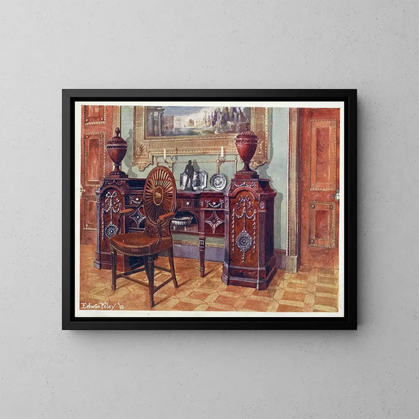 buffet in mogano scolpito e sedia con schienale ovale - Edwin Foley — quadro incorniciato alla parete