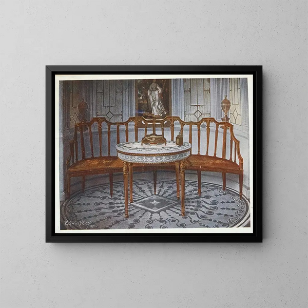 bancale con schienale in satin scolpito, tavolo dipinto e dorato - Edwin Foley — quadro incorniciato alla parete