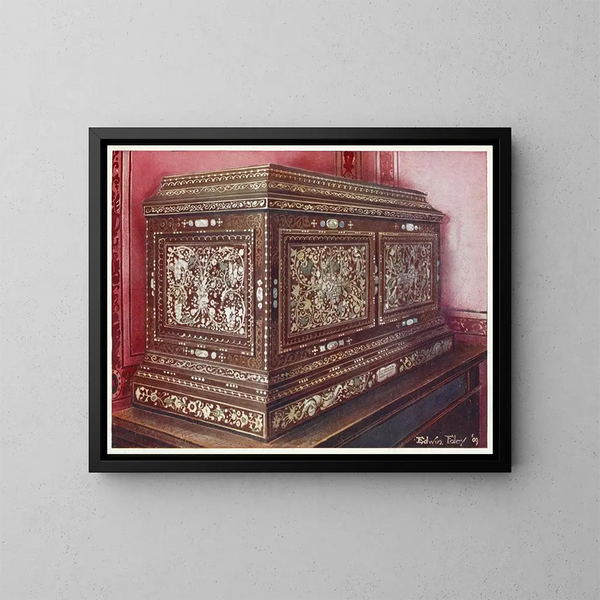 cofanetto in legno di noce intarsiato con gioielli, con facciata, lati e sopra a pannelli - Edwin Foley — quadro incorniciato alla parete
