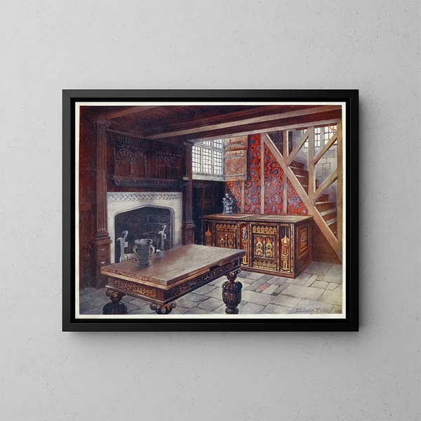 cassa in intarsia, tavolo da disegno scolpito, caminetto scolpito, più antico carta da parati inglese - Edwin Foley — quadro incorniciato alla parete