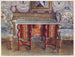Tavolo da scrivania a ginocchio in scagliola rossa, piano in acciaio laccato, sedie Boulle dorate imbottite in tappezzeria - Edwin Foley — vista dell’opera