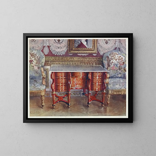 Tavolo da scrivania a ginocchio in scagliola rossa, piano in acciaio laccato, sedie Boulle dorate imbottite in tappezzeria - Edwin Foley — quadro incorniciato alla parete