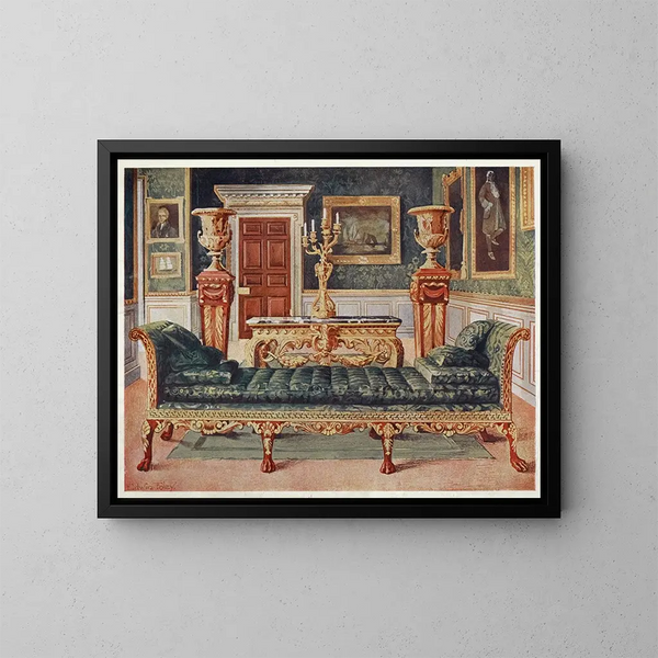 Suite georgiana in mogano e doratura nella galleria e nel salone verde di Longford Castle - Edwin Foley — quadro incorniciato alla parete