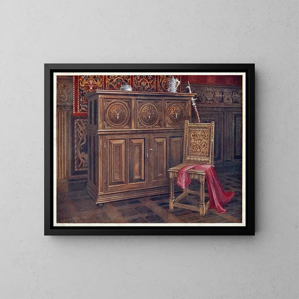 Cabinet in rovere con pannelli convessi circolari, sedia in noce senza braccioli con ornamento floreale intrecciato sulla schiena - Edwin Foley — quadro incorniciato alla parete
