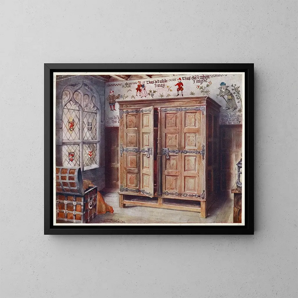 Murale della sala degli stranieri a Norwich, stampa in rovere, West Stowe, circa 1550 - Edwin Foley — quadro incorniciato alla parete