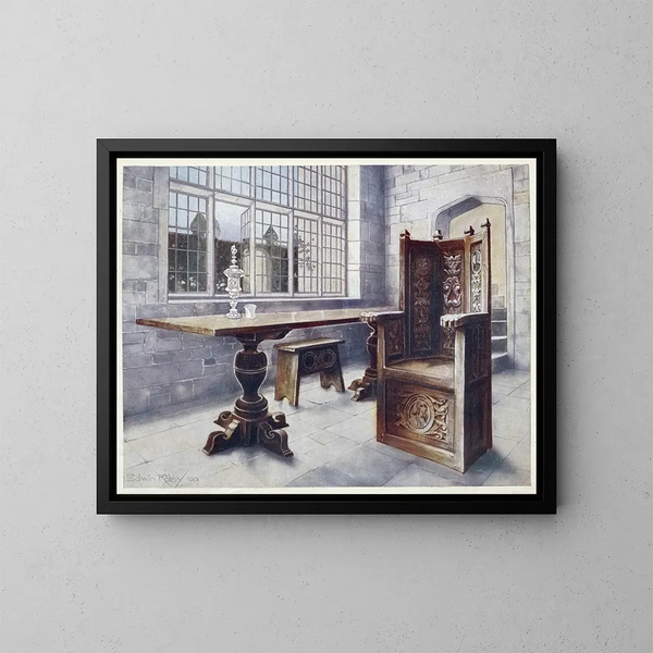 Tavolo di cavalletti in quercia e sedia da minatore - Edwin Foley — quadro incorniciato alla parete