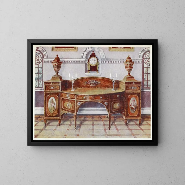 buffet in satinwood dipinto e intarsiato, orologio a consolle in mogano - Edwin Foley — quadro incorniciato alla parete