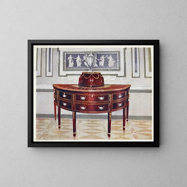 buffet semicircolare in mogano e scatola portacoltelli intarsiata e rivestita in legno di satina, mogano ed ebano - Edwin Foley — quadro incorniciato alla parete