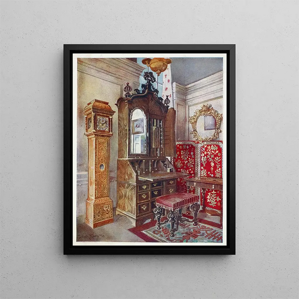 Edwin Foley - Walnut cabinettop scrutoire Inlaid sycamore yellow clock Carved tabouret.webp