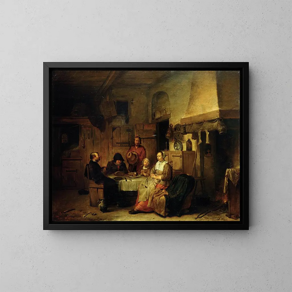 Una famiglia che prega durante il pranzo - Egbert van Heemskerck — quadro incorniciato alla parete