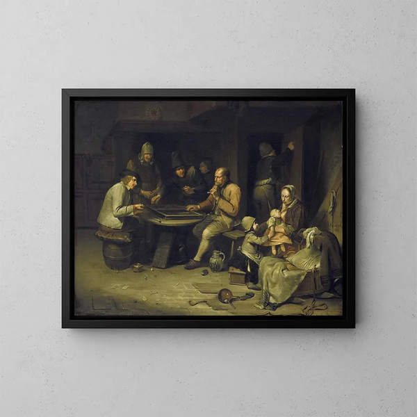 Un'osteria con giocatori di backgammon - Egbert van Heemskerck — quadro incorniciato alla parete