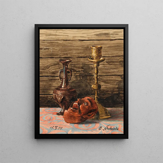 Egon Schiele - Stillleben mit Kerzenleuchter Vase und Maske.webp