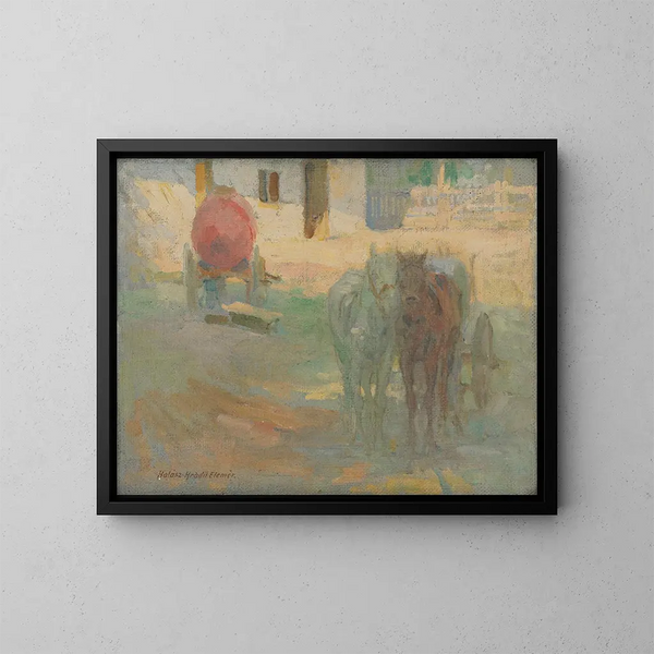 cortile della fattoria con cavalli trainati - Elemér Halász-Hradil — quadro incorniciato alla parete