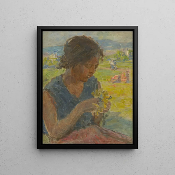 Ragazza con un girasole - Elemér Halász-Hradil — quadro incorniciato alla parete