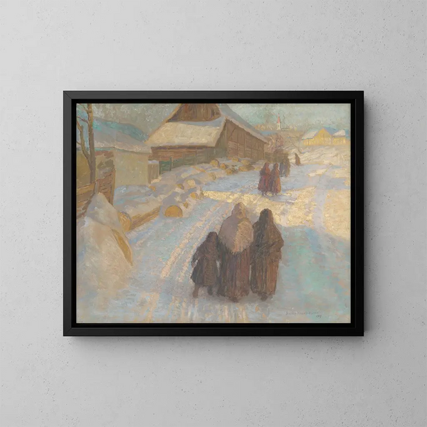 Inverno nel villaggio - Elemér Halász-Hradil — quadro incorniciato alla parete