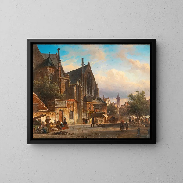 Vista di un mercato olandese - Elias Pieter van Bommel — quadro incorniciato alla parete