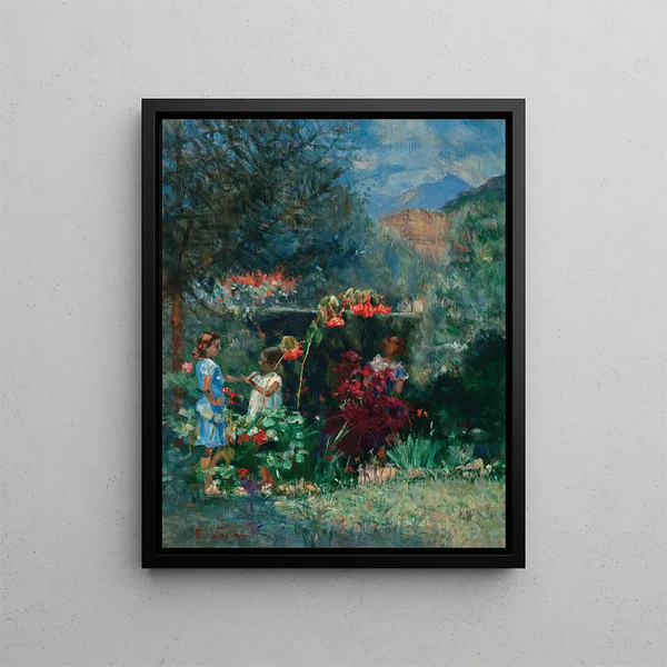 Tre ragazze nel giardino - Eliseu Visconti — quadro incorniciato alla parete