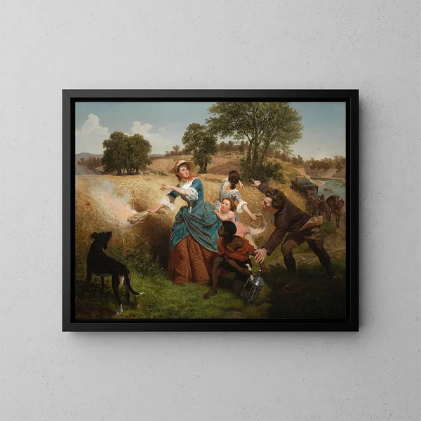 Madame Schuyler bruciando i suoi campi di grano all'avvicinarsi degli inglesi - Emanuel Gottlieb Leutze — quadro incorniciato alla parete