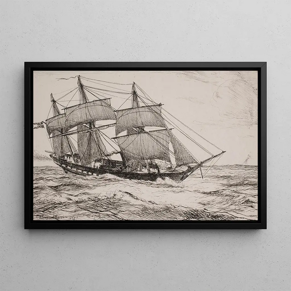 Una goletta da guerra - Emanuel Larsen — quadro incorniciato alla parete
