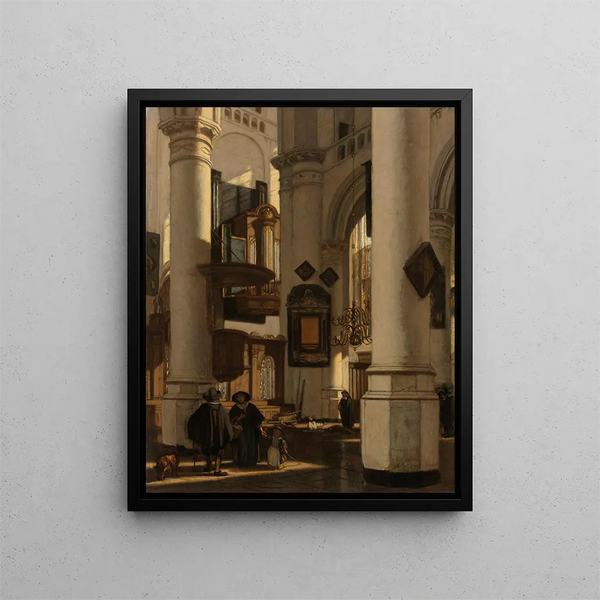 Interno di una chiesa protestante gotica con un becchino nel coro - Emanuel de Witte — quadro incorniciato alla parete