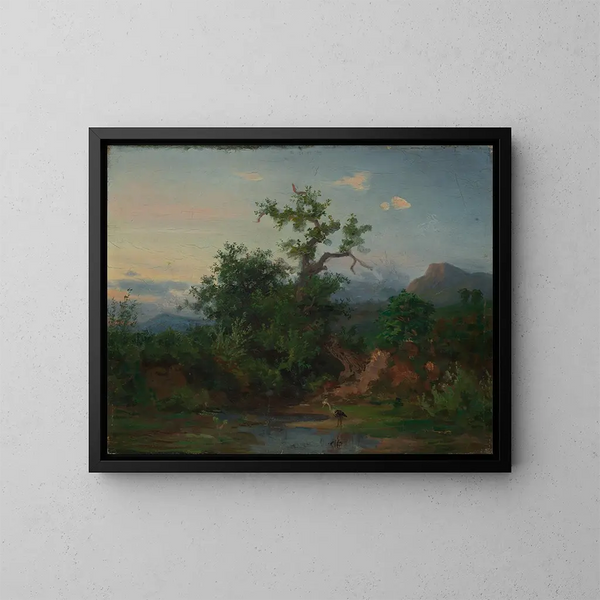 Lago di montagna con cicogna - Emil Lugo — quadro incorniciato alla parete