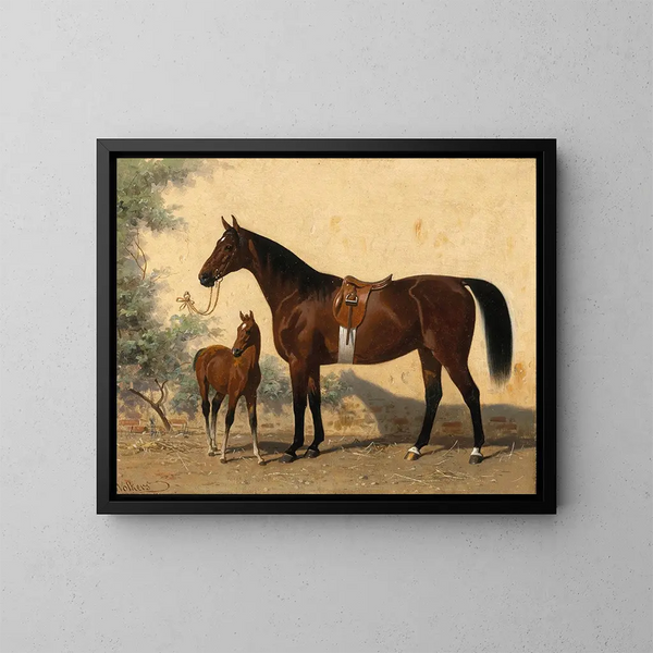 Un cavallo baio con un puledro - Emil Volkers — quadro incorniciato alla parete