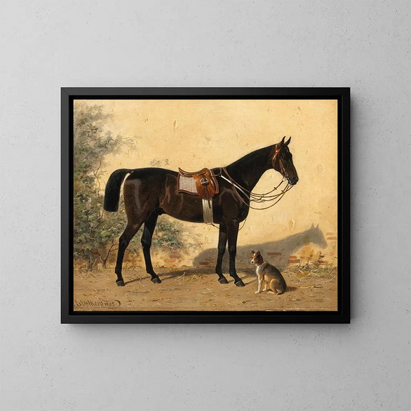 Un cavallo nero con un cane - Emil Volkers — quadro incorniciato alla parete