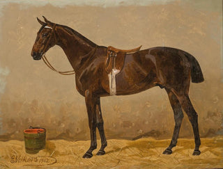 Emil Volkers - A Saddled Bay Horse in a Stable.webp