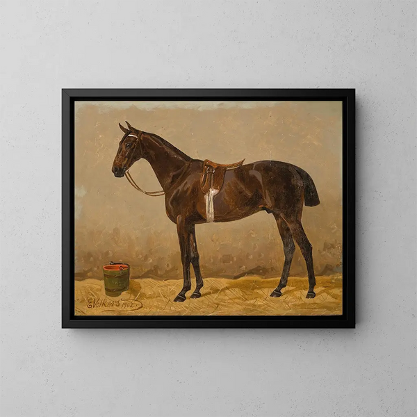 Un cavallo baio sellato in una scuderia - Emil Volkers — quadro incorniciato alla parete