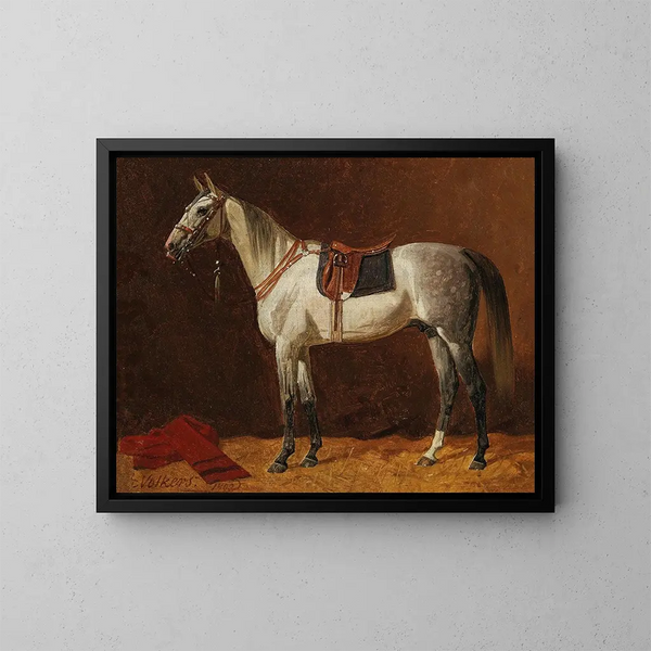 Un cavallo bianco bardato in una stalla - Emil Volkers — quadro incorniciato alla parete