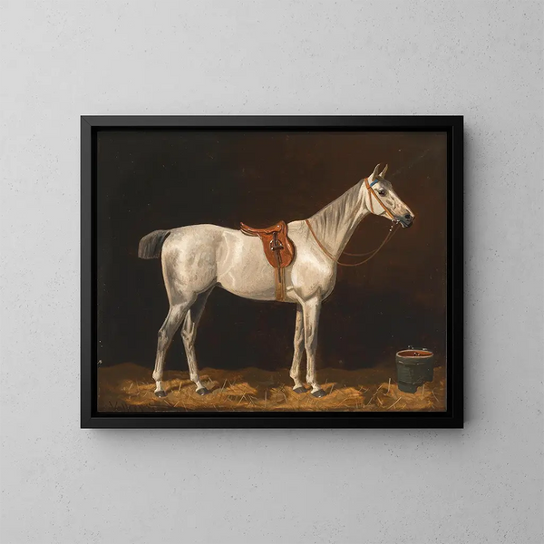 Un cavallo bianco in una scuderia - Emil Volkers — quadro incorniciato alla parete