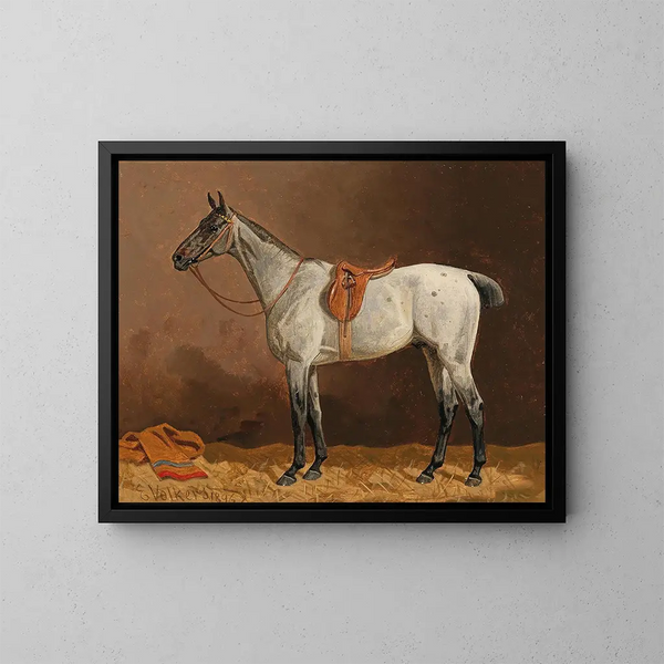 Un cavallo bianco nella stalla - Emil Volkers — quadro incorniciato alla parete