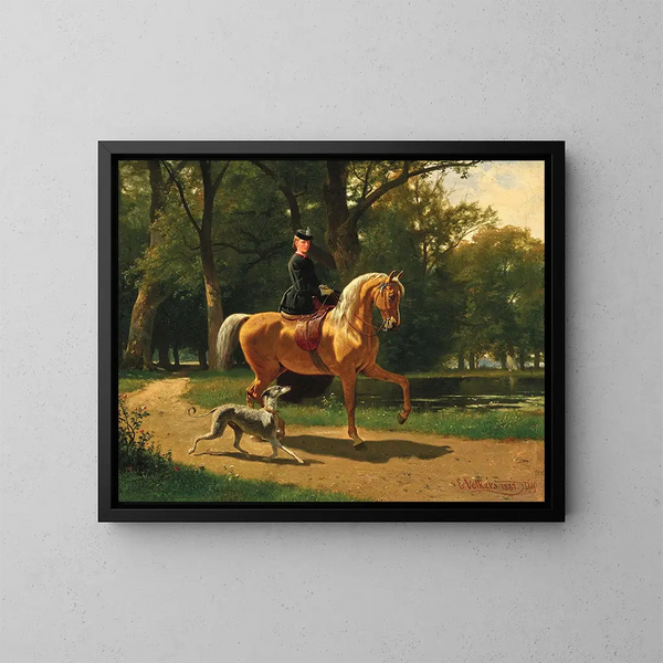 Una giovane donna a cavallo - Emil Volkers — quadro incorniciato alla parete