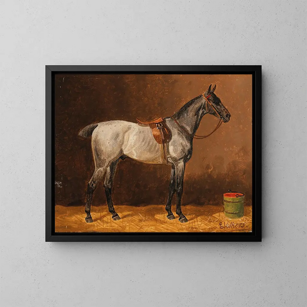 Un cavallo bardato in una scuderia - Emil Volkers — quadro incorniciato alla parete