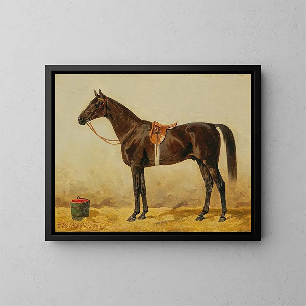 Cavallo nero nella scuderia II - Emil Volkers — quadro incorniciato alla parete