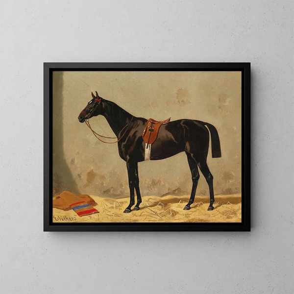 Cavallo nero nella scuderia - Emil Volkers — quadro incorniciato alla parete