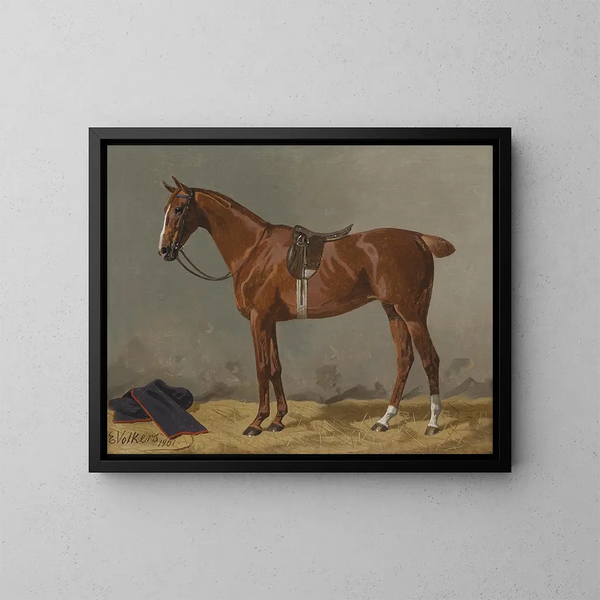 Cavallo marrone sellato nella scuderia - Emil Volkers — quadro incorniciato alla parete