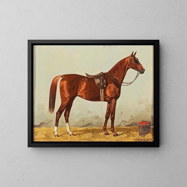 Cavallo marrone nell' stalla con una coperta da sella - Emil Volkers — quadro incorniciato alla parete