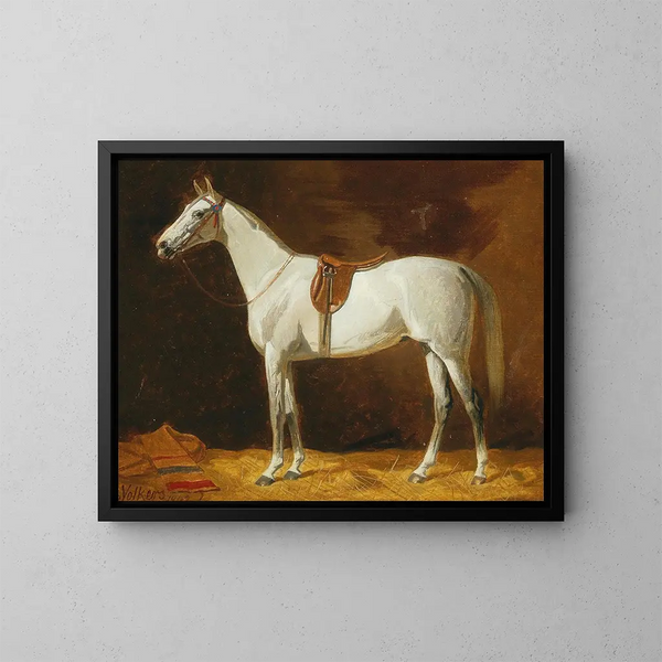 Cavallo da sella nella scuderia - Emil Volkers — quadro incorniciato alla parete